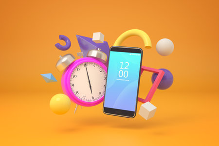 Smartphone and alarm clock with shapesの写真素材