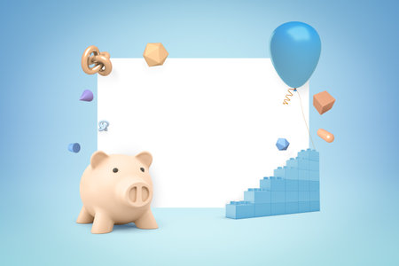 3d rendering of pink piggy bank, blue lego pieces and blue balloon with random objects on white and blue backgroundの写真素材