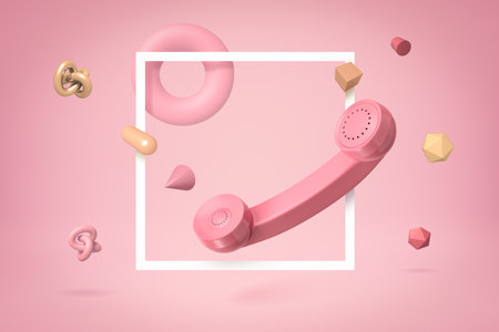 3d rendering of pink landline phone receiver highlighted with square flat white frameの写真素材