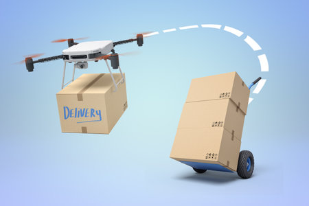 Drone delivery concept with a cardboard boxの写真素材