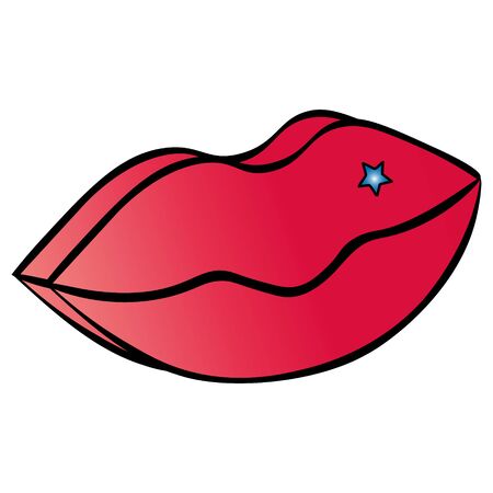 Color illustration of voluminous plump lips. Air kiss. Decoration in the form of a star. Idea for stickers, stickers. Vector. Colorless background. Illustration for Valentine day. Festive print.のイラスト素材