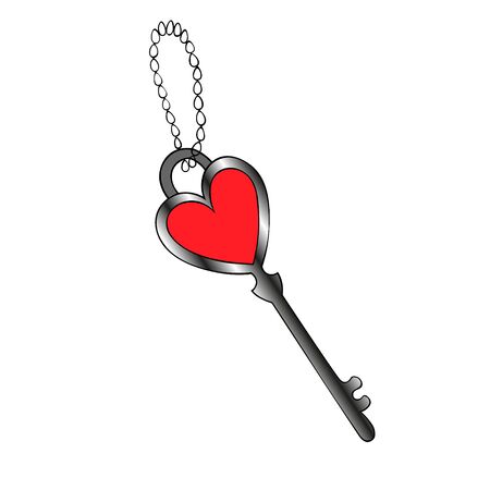 Color vector illustration of a heart-shaped key. The keychain is made of a metal chain. Isolated a colorless background. The idea for stickers, book design, magazine, invitation to the feast. Valentine day. Festive print.のイラスト素材