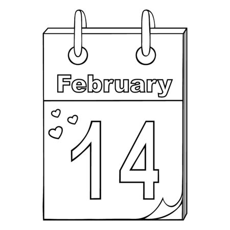 The tear-off calendar is open on February 14. Outline on an isolated background. Vector. Idea for a book, magazine, greeting card creation. Coloring book for children and adults. Valentine day. Holiday sketch.のイラスト素材