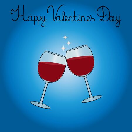 Greeting card clink glasses. The clink of glasses of red wine. Vector. Light blue background. An idea for decorating a greeting, book, or magazine. Valentine day. Holiday print.のイラスト素材