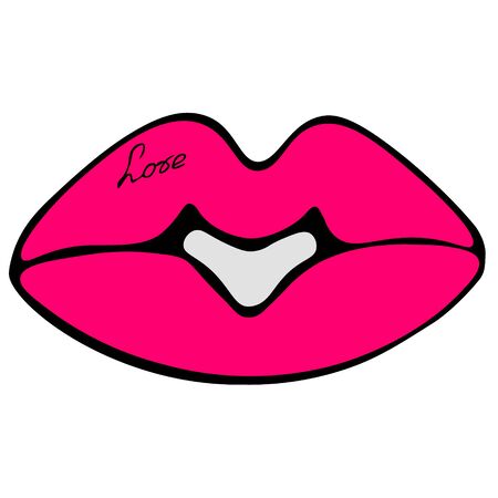 Color vector illustration voluminous plump lips painted with pink lipstick. Tattoo - love. Juicy color. Idea for stickers, web design. Isolated background. Valentine day, love. Holiday print.のイラスト素材