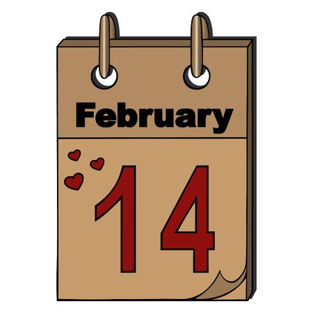 Color vector illustration of a tear-off calendar, date February 14. On an isolated background. Retro-style. Idea for a book, magazine, greeting card, or sticker. Valentine day. Holiday print.のイラスト素材