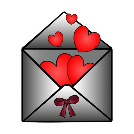 Color vector illustration of a love letter with a bow. Hearts are flying from the message. Isolated background. Idea for a book, magazine, or sticker. Valentine day. Holiday print.のイラスト素材