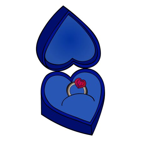 Color vector illustration of a ring with a ruby case-box. Engagement decoration on an isolated background. Idea for a sticker, invitation design, book, web design. Valentine day, wedding, engagement. Holiday print.のイラスト素材