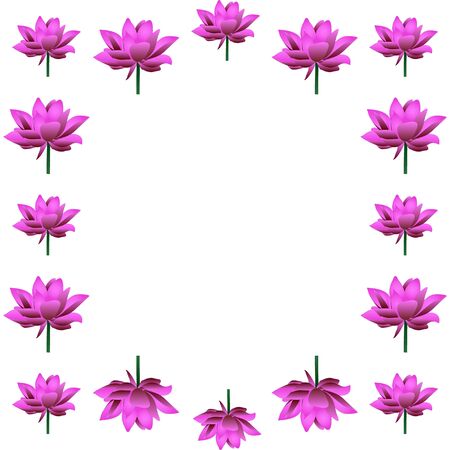 Cute frame of blooming lotuses. In the shape of a square. Pink water lily. Vector. Place for text, photo. Isolated background. The idea for creating a greeting card, invitation. Flower ornament.のイラスト素材