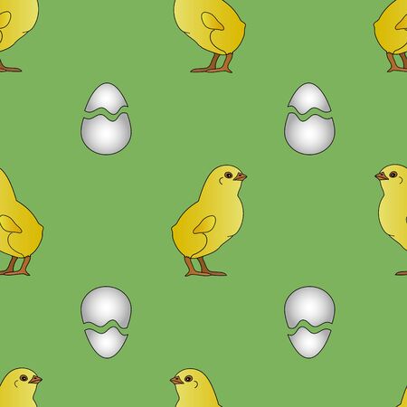 Seamless pattern of a proud chick preparing for Easter. Vector. The baby and the shell from the egg. Isolated green background. Cartoon Style. Book covers, Wallpapers, textiles. The Mood Of Spring.のイラスト素材
