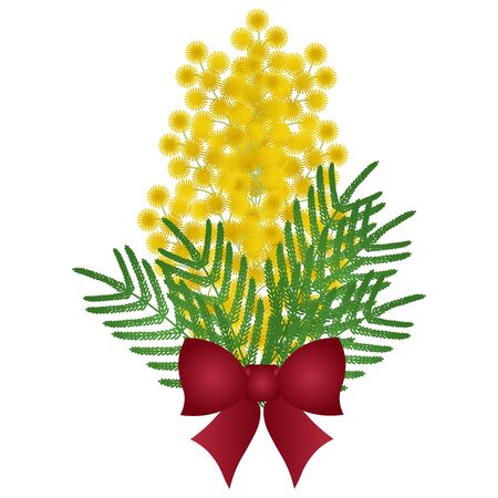 Color vector illustration of an airy bouquet of yellow mimosa. Decoration of a red bow. Flowers on an isolated background. Idea for book, magazine, greeting card design. Spring print. Flat style.のイラスト素材