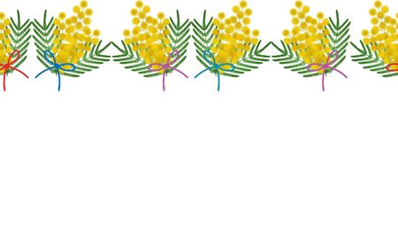 Seamless vector border pattern - yellow mimosa. Horizontal Color lace decoration. Bouquets on an isolated background. Idea for a book, greeting card design, invitation. Floral print. Flat style.のイラスト素材