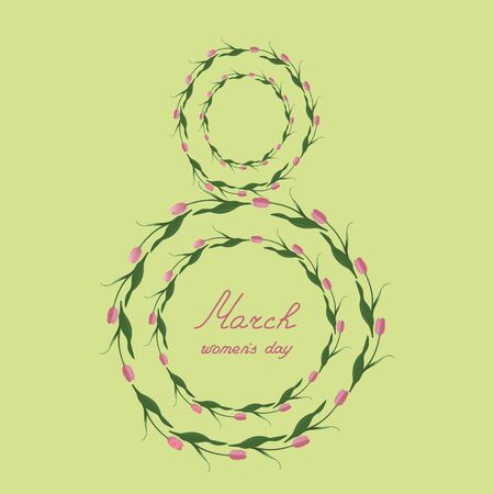 Greeting card Women's Day, March 8. Vector illustration. Eight of pink tulips. Lettering. Yellow isolated background. Laconic style. Holiday print.のイラスト素材