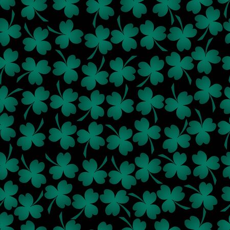 Seamless pattern. Clover leaf is a symbol of Ireland. Trefoil. Isolated black background. Vector. Green plant. Idea for wallpaper, cover, textile. Floral print.のイラスト素材