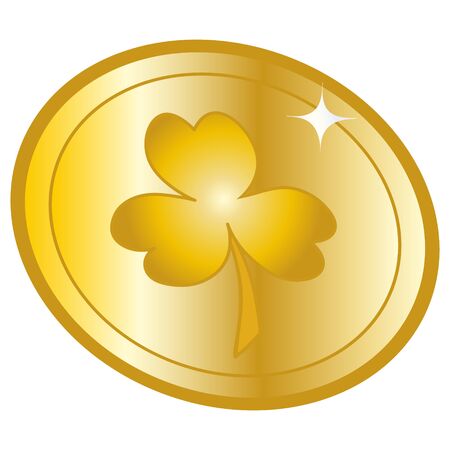 Color vector illustration. Coin clover sparkles. Obverse. Leaf of a plant is a symbol of Ireland. Trefoil. Money of gold color on an isolated background. Idea for book, magazine, web design. Flat style.のイラスト素材