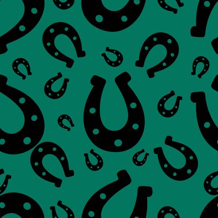 Seamless pattern. Silhouette of a happy horseshoe. Vector. Isolated emerald background. Horse shoes. Imitation of ink drawing. Idea for cover, wallpaper, textile. Abstract image.のイラスト素材