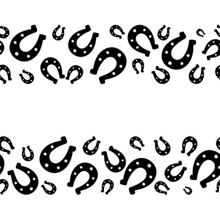 Seamless horizontal border. Silhouette of a happy horseshoe. Vector. Isolated background without color. Horse shoes. Imitation of ink drawing. Idea for cover, wallpaper, decoration. Abstract image.のイラスト素材