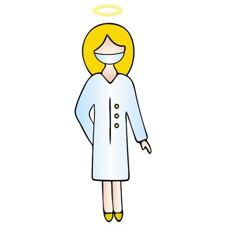 A doctor in a medical mask. A neon halo above his head. Color vector illustration. The medical worker is anonymous. A female nurse in a blue lab coat on an isolated background. Cartoon style.のイラスト素材