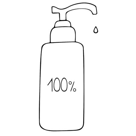 Hand gel with antibacterial effect. 100% protection against bacteria, viruses and germs. Sanitizer for disinfection palm. Vector illustration. Contour on an isolated background. Coloring book for children and adults. Doodle style. Sketch.のイラスト素材