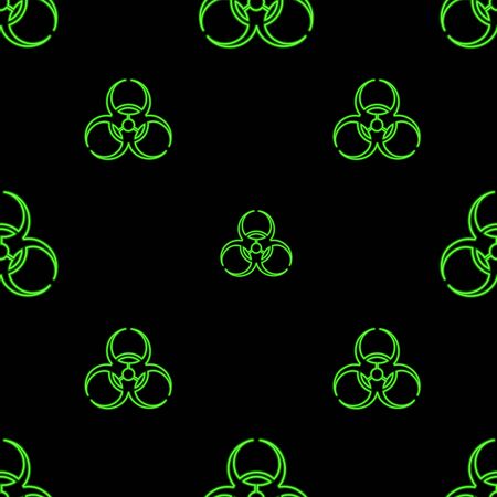 The biohazard sign is green. Neon lights. Endless pattern. Vector. Icon on an isolated black background. Hazard warning against an outbreak of coronavirus infection COVID-19. Idea for background, cover, wallpaper.のイラスト素材