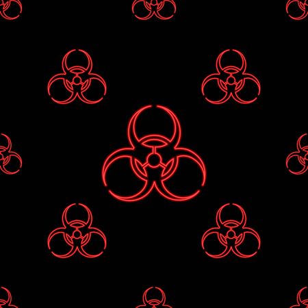 The biohazard sign is red. Neon lights. Endless pattern. Vector. Icon on an isolated black background. Hazard warning against an outbreak of coronavirus infection COVID-19. Idea for background, cover, background.のイラスト素材