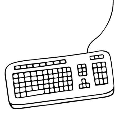 Keyboard A wired device for entering information into a computer. The device consists of a set of keys. Vector illustration in doodle style. Contour on an isolated white background. Sketch Letters, numbers, signs. Illustration for web design.のイラスト素材