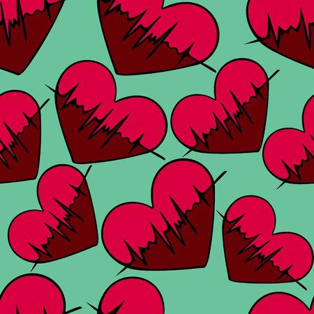Heart with a pulse. Seamless vector pattern. Assessment of arterial pulsation. Ornament of a vital biological process. Symbols on an isolated green background. Cartoon style. Cardiology. Health topics.のイラスト素材