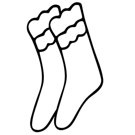 A pair of woolen socks. Domestic wardrobe item with ornament in the form of waves. Vector illustration in doodle style. Contour on an isolated white background. Sketch Cozy clothes. Illustration for web design. Coloringのイラスト素材