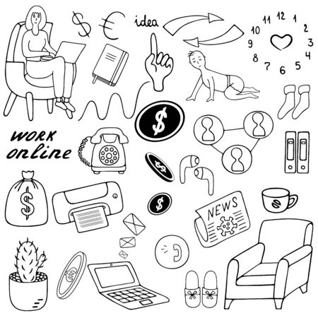 Stay at home. Work online. Set of vector illustrations. Contour on an isolated white background. Doodle style. Sketch Coloring book for children. Business collection. Home Office. Lettering. Distanceのイラスト素材