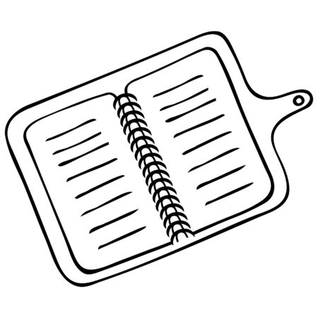 Notepad on a spring with a button. Open Contour on an isolated white background. Doodle style. Sketch Notebook for to-do list. The diary. Book for notes. Stationery for work and study.のイラスト素材