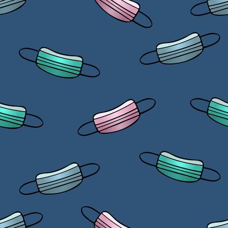 Face masks are medical. Seamless vector pattern. Personal protective equipment against viral infection. Products on an isolated blue background. Idea for case, wallpaper, cover. Medical topics. Cartoon style.のイラスト素材