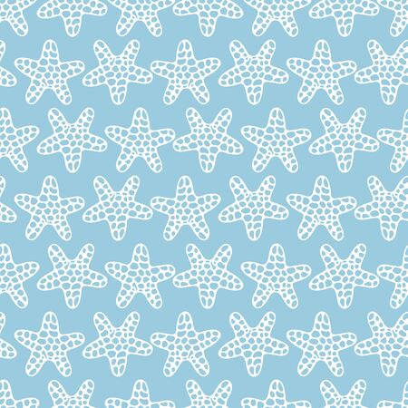 Starfish Abstract background. Seamless vector pattern. Inhabitant of the ocean. Outline on an isolated gently blue background. Idea for cover, packaging, wallpaper, textile. Hand drawing style.のイラスト素材