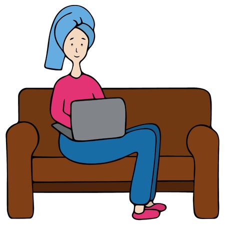 Business woman working from home. Quarantine in a pandemic. Freelancer works online. Vector illustration on an isolated white background. Girl sitting on a sofa with a towel on her head. Correspondence studies. Cartoon style.のイラスト素材