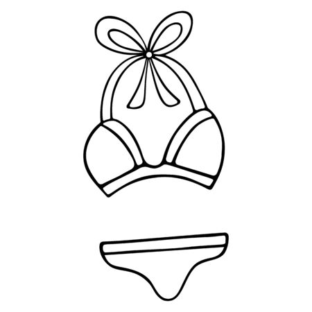 Bikini Vector illustration.The swimsuit is feminine. Outline on an isolated white background. Sketch Clothing for tanning and swimming. The leisure suit consists of two parts: swimming trunks and a bra. Doodle style. Mood to travel. Fashion and style. An idea for web design.のイラスト素材