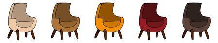 Armchair. Vector set of illustrations in cartoon style. Room interior element. Upholstered furniture for home and office on an isolated white background. A collection of chairs with armrests. Illustration for web design.のイラスト素材