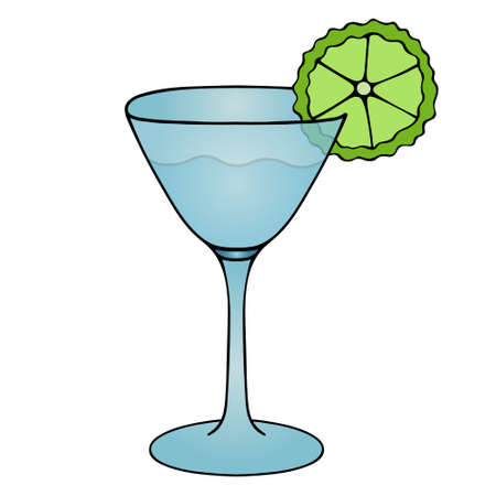 Martini with a slice of lime. Colored vector illustration. Isolated white background. Cartoon style. Refreshing cocktail. A glass with an alcoholic drink. Light aperitif. Medium-strength wine.のイラスト素材