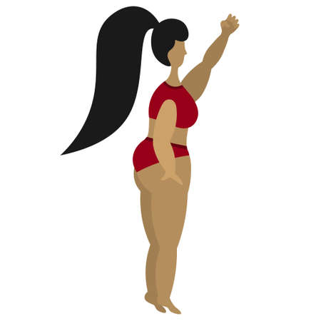 The Latino American woman raised her fist up. Fight for the rights of women around the world. The girl protests. Body positive. Vector stock illustration. Isolated white background. Plus size model.のイラスト素材