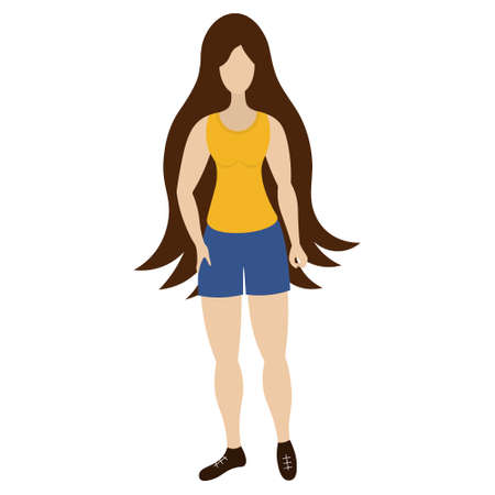 Lady in sportswear leads a healthy lifestyle. Flat style. Vector illustration. Isolated white background. Young woman posing. Anonymous person. Girl in a T-shirt, shorts and sneakers. Madame.のイラスト素材