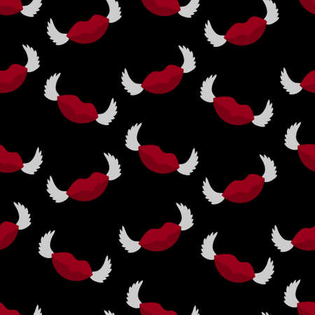 Lips and wings. Air kiss. Endless vector pattern. Isolated black background. Seamless repeating ornament. Seductive mouth. Flat style.のイラスト素材
