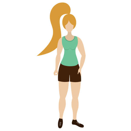 The sportswear model leads a healthy lifestyle. Flat style. Vector illustration. Isolated white background. Young woman posing. Girl with ponytail hairstyle. Anonymous person.のイラスト素材