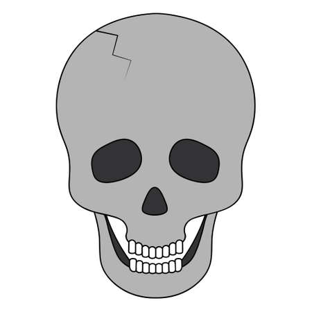 Human skull. Bone frame of the head. Vector illustration. An integral part of the skeleton. Crack in the forehead. Isolated white background. Cartoon style. Halloween symbol. Jaw with straight teeth.のイラスト素材