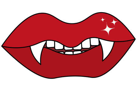 Vampire mouth. Dracula kiss. The devil bite. Colored vector illustration. Halloween symbol. Isolated white background. Dangerous lips. Sharp fangs shine. Cartoon style. All Saints Day. Angry grin.のイラスト素材