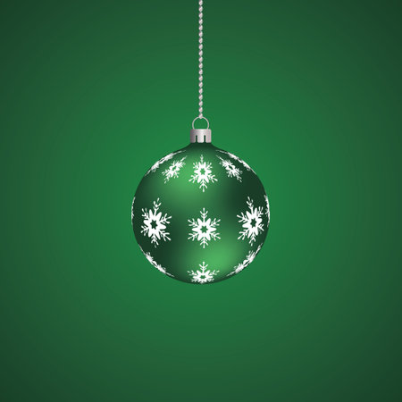 Christmas tree toy. Green glass ball. Ornament from snow-white snowflakes. Colored vector illustration. Isolated blue background. The Christmas decoration is hung on a chain. Delicate decor.のイラスト素材