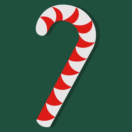 Striped lollipop. A candy cane shaped like a sugar cane. Colored vector illustration. Isolated green background. Christmas. New Year. Red-white candy. Dessert for children. Flat style. Festive print.のイラスト素材