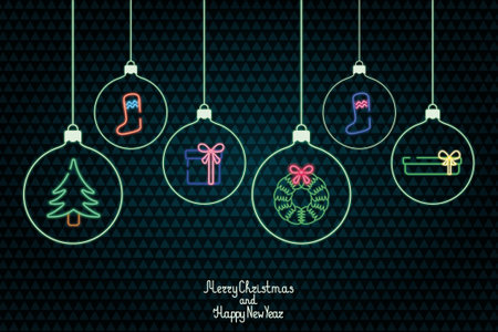 Christmas card. Neon glow. Set of Christmas toys. Christmas ball with festive ornament. Lettering. Merry Christmas and Happy New Year. Colored vector illustration. Isolated background. Christmas decorのイラスト素材