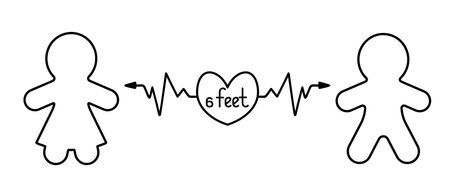 Social distance. Silhouettes of people in love with a heart and an arrow between them. Distance 6 feet. Measures taken due to the spread of the coronavirus infection COVID-19. Vector icons. Isolated.のイラスト素材