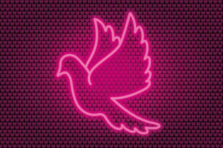 Neon pigeon. The bird flaps its wings. Colored vector illustration. Isolated background of pink hearts. Valentines Day. Symbol of marriage. Pink neon glow. The dove is a symbol of peace.のイラスト素材
