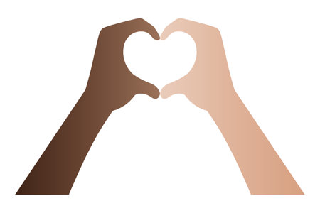 The hands of an African American and a European are folded in the shape of a heart. A sign of love from the palms of different nations. Vector illustration. Isolated white background. Multiethnic.のイラスト素材