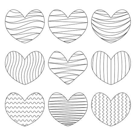 Heart. Sketch. Striped ornament. Set of vector illustrations. Isolated white background. Coloring book for children. Valentines Day. Collection of love symbols. Idea for web design, invitations.のイラスト素材