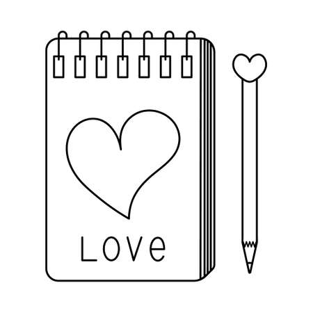 Notepad and a simple pencil for love notes. Sketch. On the cover there is a heart and an inscription love. At the end there is a heart-shaped eraser. Doodle style. A personal diary for cute thoughts.のイラスト素材